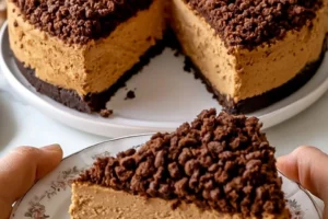 Slice of Coffee Crumble Cheesecake with a rich coffee flavor and crumble topping