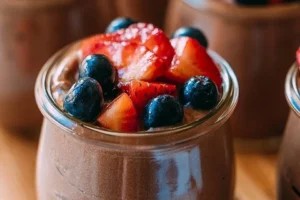 Creamy chocolate protein pudding in a bowl, garnished with chocolate shavings