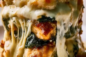 Creamy spinach artichoke chicken bake topped with cheese and herbs