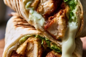 Crispy golden chicken Caesar wraps served with creamy dressing on a plate