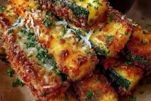Crispy Parmesan-Panko zucchini fries served on a plate with dipping sauce
