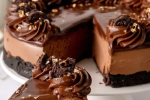 Decadent chocolate cheesecake topped with chocolate shavings and berries