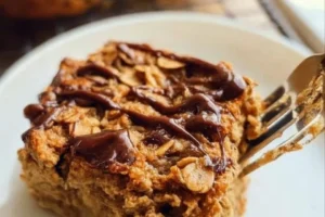 A bowl of easy baked oats topped with fresh fruit and nuts