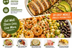 A plate of effortless high-protein meals featuring chicken, quinoa, and vegetables.