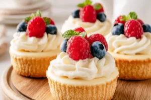 Delicious mini cheesecakes topped with berries and whipped cream.