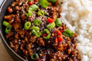 Firecracker-spiced ground chicken dish ready to serve
