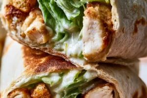 Golden-crusted crispy chicken Caesar wraps with creamy dressing served on a plate.