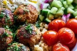 Delicious Greek-Style Meatball Bowl with meatballs and fresh vegetables