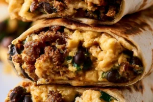 High-protein breakfast burrito filled with eggs, beans, and fresh vegetables.