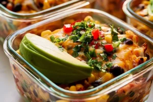 High-protein chicken and cottage cheese enchilada bowls ready to serve