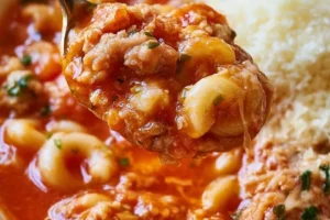 High-protein lasagna soup served in a bowl with fresh herbs on top