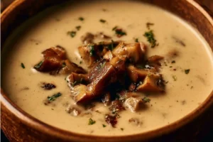 High-protein low-carb soup served in a bowl with fresh herbs
