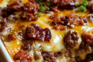 Keto Bacon Cheeseburger Casserole with cheese and bacon topping