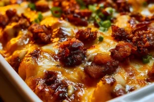 Keto Bacon Cheeseburger Casserole topped with melted cheese and crispy bacon