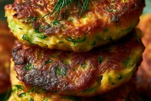 Low-carb air fryer zucchini fritters with high protein, served on a plate.