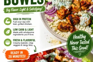 Low-carb bowl featuring Greek chicken, vegetables, and a light dressing for a healthy meal.