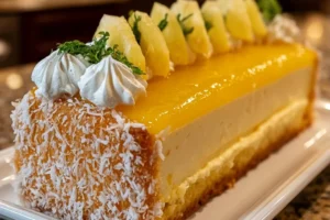 A beautifully layered Mango Mousse Cake with vibrant mango filling and light cream topping.