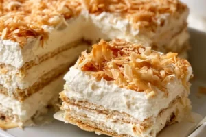 Delicious no-bake coconut cake topped with shredded coconut and whipped cream