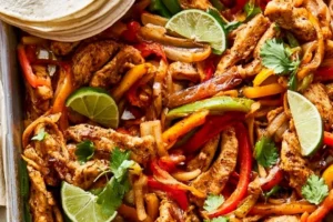One-Pan Chicken Fajitas with colorful peppers and onions in a skillet