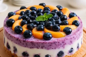 Peach-Blueberry No-Bake Cheesecake served on a plate with fresh fruit garnish