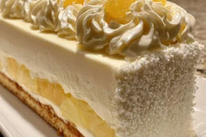 Delicious Pineapple Mousse Cake topped with fresh pineapple slices