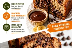 Slice of protein-packed banana bread topped with nuts and banana slices