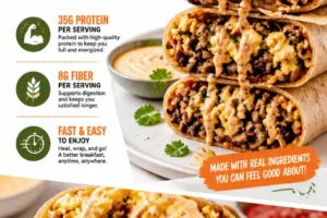 Delicious protein-packed breakfast burrito filled with eggs, veggies, and cheese.