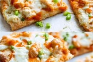 Delicious protein-packed buffalo chicken flatbread topped with fresh ingredients.