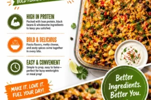 Delicious protein-packed burrito casserole topped with cheese and fresh ingredients
