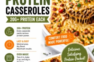 Delicious protein-packed casserole with colorful vegetables and toppings