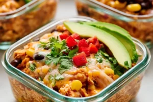 Protein-packed chicken and cottage cheese enchilada bowls served in a dish