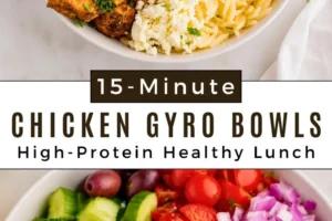 Protein-packed chicken gyro bowl with fresh vegetables and tzatziki sauce.