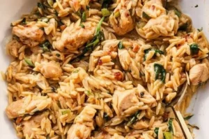 Delicious chicken orzo skillet with protein-packed ingredients in a pan.