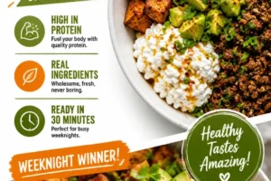 Protein-packed ground beef bowl topped with fresh vegetables and spices.