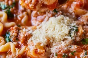 Bowl of protein-packed lasagna soup topped with cheese and herbs