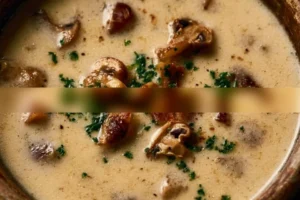 Bowl of protein-packed low-carb soup with fresh ingredients and herbs
