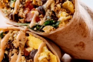 Delicious protein-packed morning burrito filled with eggs, beans, and greens