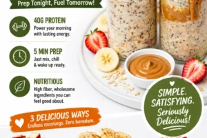 A bowl of protein-packed overnight oats topped with fruits and nuts.