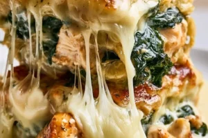 Protein-packed spinach artichoke chicken casserole dish with creamy topping