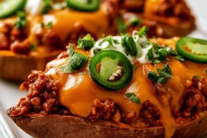 Delicious protein-packed stuffed sweet potato boats topped with fresh ingredients