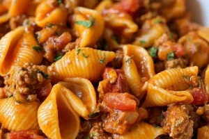 Bowl of protein-packed taco pasta with toppings