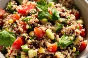 A colorful bowl of quinoa dishes showcasing 50 different recipes for quinoa meals.