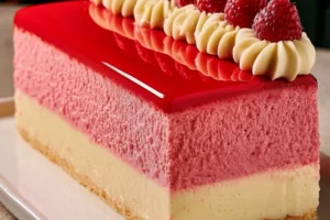 Raspberry vanilla mousse cake topped with fresh raspberries and a mirror glaze