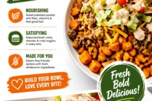 Roasted sweet potato burger bowl with fresh toppings and ingredients.