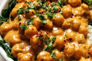 Savory Peanut-Chickpea Buddha Bowl with fresh veggies and a peanut dressing