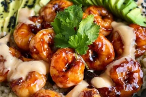 Shrimp teriyaki rice bowl with colorful vegetables and tender shrimp served in a bowl
