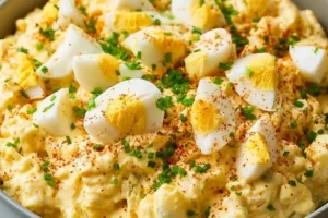 Silky protein-packed egg salad served in a bowl with fresh herbs