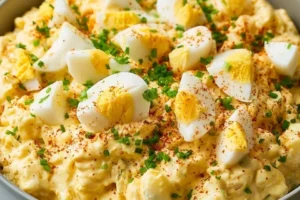Creamy protein-rich egg salad served in a bowl with fresh herbs