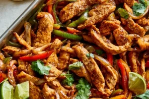 Delicious skillet chicken fajitas served with colorful peppers and onions