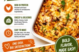 Southwestern Chicken Casserole topped with cheese and herbs in a baking dish